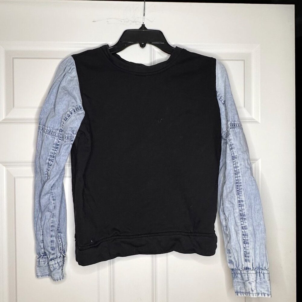 THML Knit and Denim Sleeve Top – White with Denim Sleeves – Size XS​